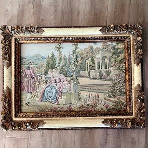 Vtg Large 1970s Rococo Tapestry Gallant Scene 3D Floral Framed Belgium 47” X 35”